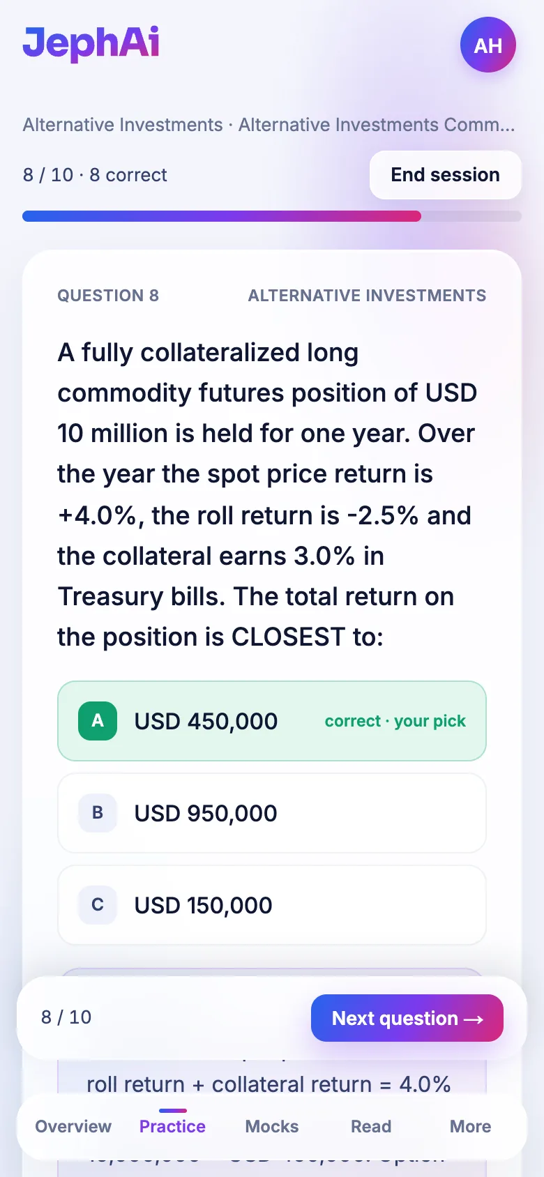JephAi on a phone: a commodity futures total return question answered correctly, with the next question one tap away